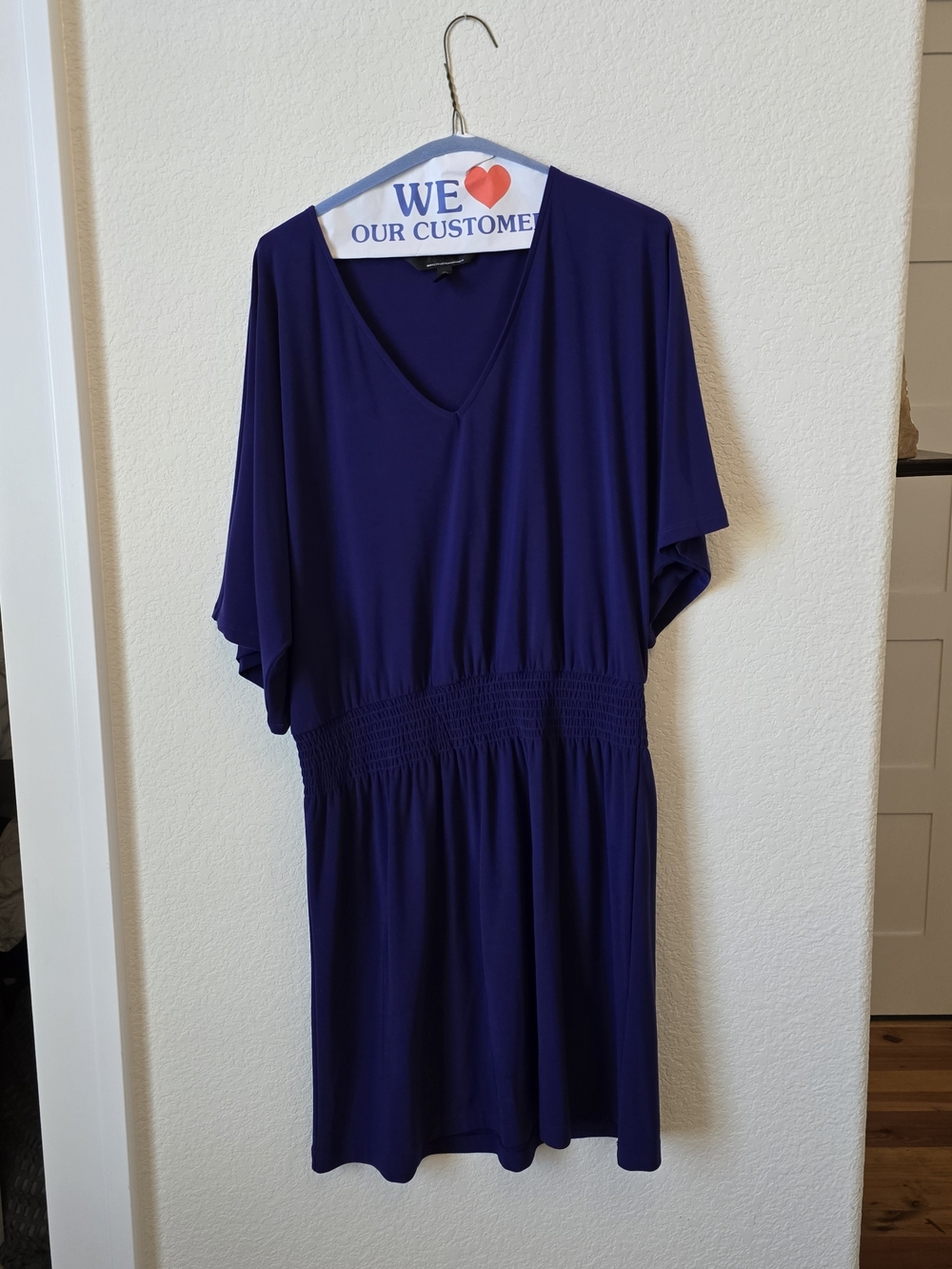 Antonio Melani Blue V Neck Dress Dolman Sleeve Elastic Waist Size L